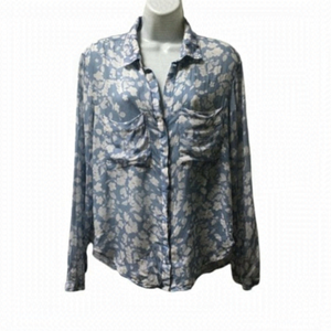 BELLA Dahl Blue White Floral Button Up Hipster Blouse Sz S